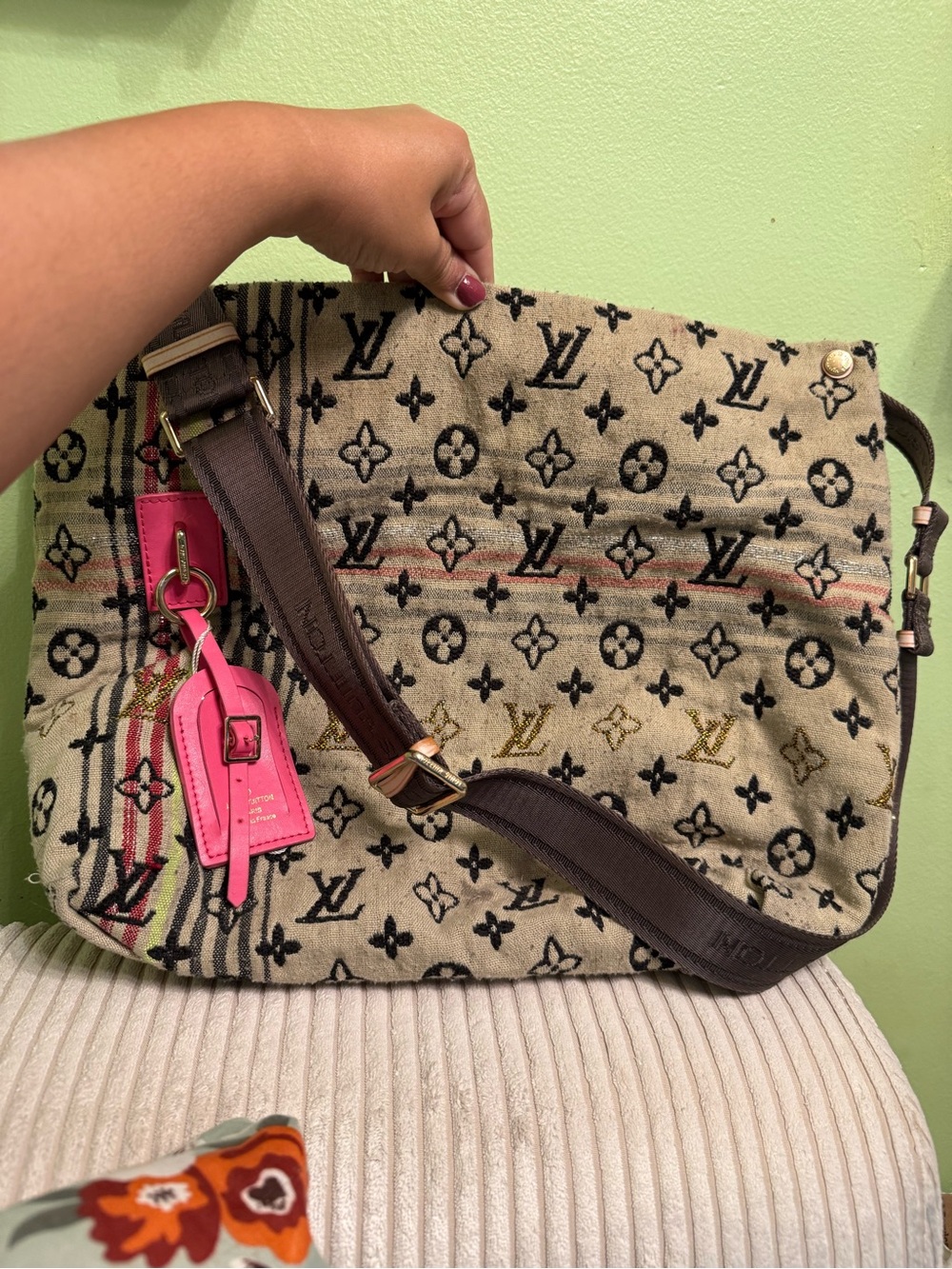 Louis Vuitton Beige Monogram Shoulder Bag with Pink Tag Accent